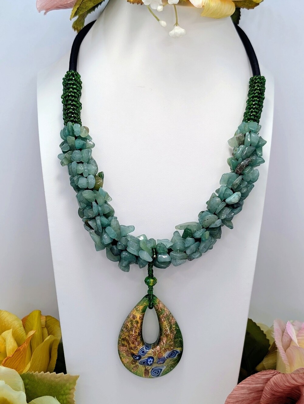 Handcrafted Murano Glass And Adventurine Statement Necklace